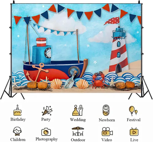 Miniatura 5 de Fondos de fotografía náutica de verano para tartas marineras, veleros, faros, decoración de cumpleaños, para niños, recién nacidos, primer