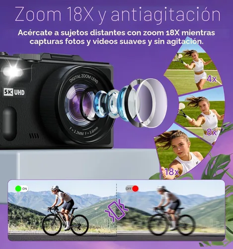 Miniatura 4 de Cámara digital 5K para fotografía, cámara digital de 80 MP con pantalla abatible de 3 pulgadas y 180° con zoom de 18X, tarjeta SD de 64 GB, cámara