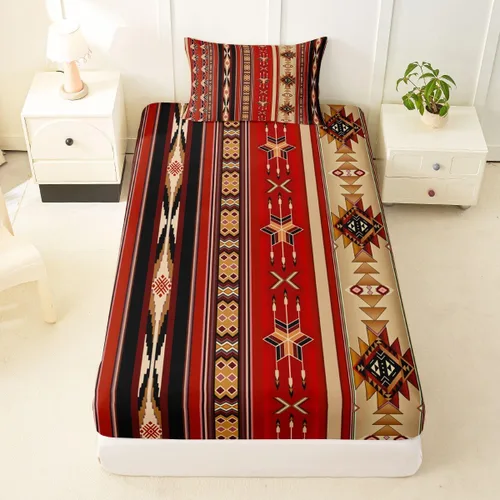 Miniatura 67 de Juego de ropa de cama de estilo bohemio occidental, tamaño individual, diseño de vaca atrapasueños, sábana bajera ajustable del suroeste, tribu