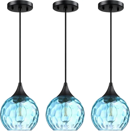 Miniatura 15 de Lámpara colgante de barra de vidrio azul con textura de 6.3 pulgadas, paquete de 3 lámparas colgantes de techo con acabado negro, moderna casa