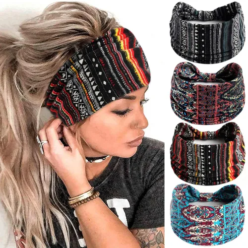 Miniatura 13 de FULZTEY Diademas bohemias para mujer, elegantes diademas con estampado floral, turbante de nudo ancho, elástico, para yoga, correr, entrenamiento