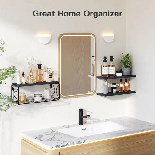 Miniatura 4 de Amada - Estantes de baño con cesta de almacenamiento, estante de pared flotante para organización del hogar y decoración de pared, estantes de Negro