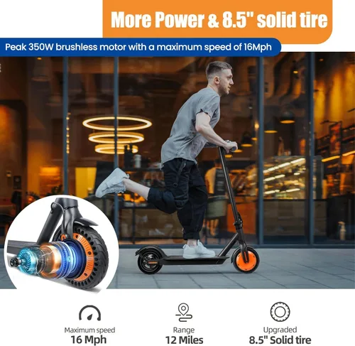Miniatura 2 de Scooter eléctrico para adultos, neumáticos sólidos de 8.5 pulgadas, motor de 350/500 W, velocidad máxima de 16/19 MPH y rango de 12/21 millas