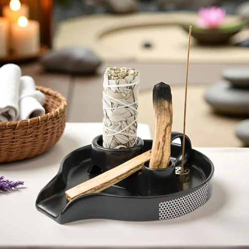 Quemador de incienso de cerámica 4 en 1, soporte de salvia con asa, soporte de salvia para quemar, soporte de Palo Santo, quemador de salvia y palo