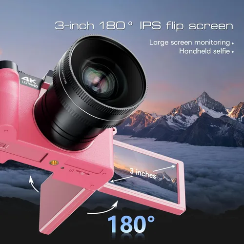 Miniatura 6 de Cámaras digitales para fotografía con control WiFi y aplicación, cámara de vlogging Ture 4K y 48MP para YouTube, compacta, enfoque automático de Rosa