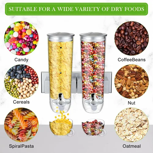 Miniatura 5 de Huwena 4 juegos de contenedores de cereales, 3 litros cada juego, dispensador de cereales montado en la pared, dispensador de alimentos secos