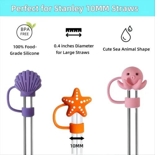 Miniatura 2 de 3 tapas de popote para copa Stanley, 0.394 in, 0.4 pulgadas, silicona para lindos animales marinos, accesorios de copa Stanley, vaso de 30 y 40