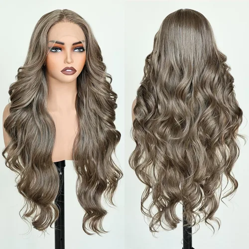Miniatura 2 de FABELLE - Peluca de cabello sintético rubio ceniza con encaje frontal de 13 x 4 HD, sin pegamento, parte media ondulada de 30 pulgadas, para usar