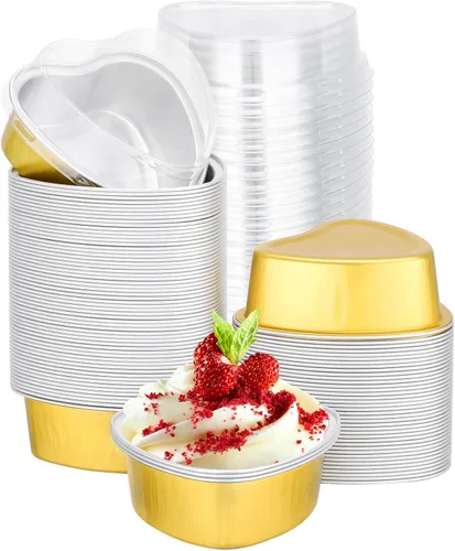 Miniatura 9 de EUSOAR Moldes para hornear en forma de corazón, de papel de aluminio, de 3.4 onzas, con tapas, aperitivos, postres, flan, cupcakes, tartas, ramekin