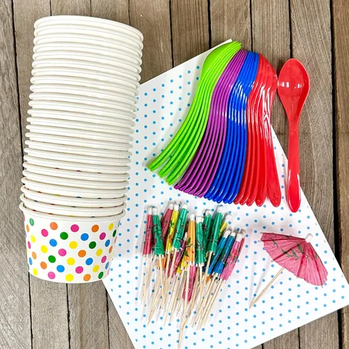 Miniatura 7 de Copas de helado de papel de lunares de 8 onzas, cucharas de plástico, paraguas de papel, azul, naranja, amarillo, verde, kit de helado Sunddae