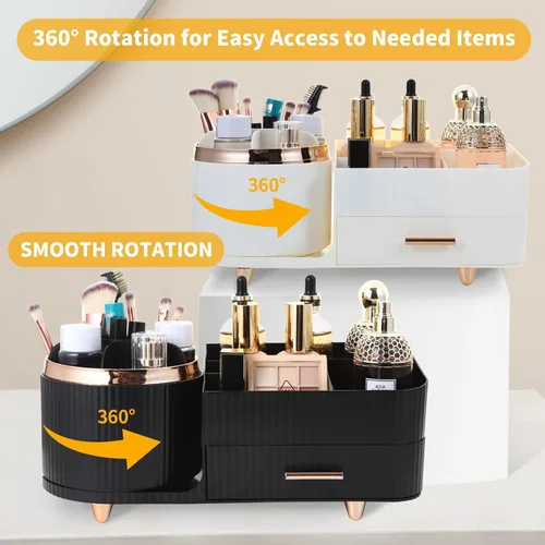 Miniatura 3 de Organizador de maquillaje para encimera con cajón, rotación de 360 grados, soporte para brochas, almacenamiento de gran capacidad, vitrinas
