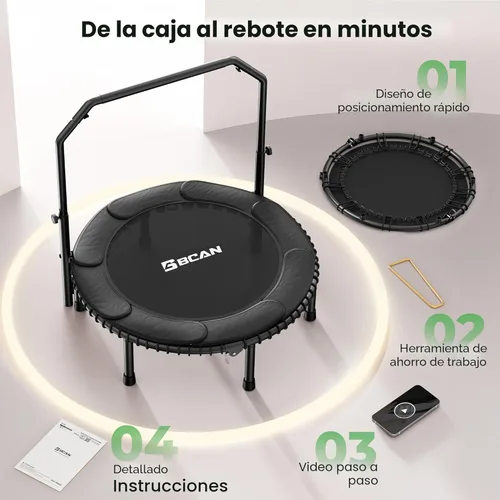 Miniatura 7 de BCAN BT2 - Mini trampolín de rebote de 450/550 libras para adultos con barra, trampolín de fitness con cuerdas elásticas, mango ajustable, estable