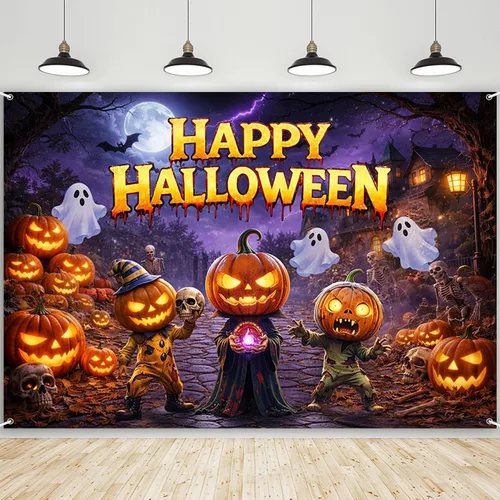 AIBIIN Halloween Party Decorations Backdrop Banner Purple Happy Halloween Wall Photo Backdrops for Photography Pumpkin Trunk or Treat Party