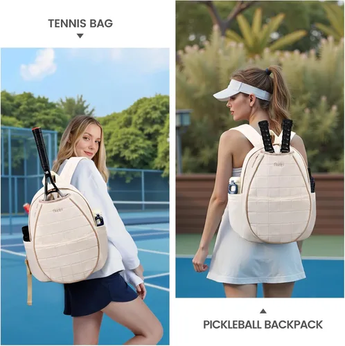 Miniatura 2 de Sucipi Bolsas de tenis para mujeres, Mochila bolsa acolchada para raqueta de tenis para raqueta de tenis, palas de pickleball, bádminton beige
