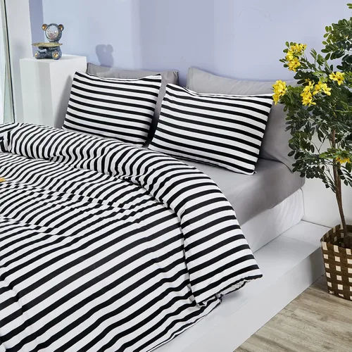 Miniatura 8 de CLOTHKNOW Juego de edredón a rayas tamaño King de 3 piezas, juego de edredón negro y blanco, edredón suave de estilo granja con 2 fundas de almohada