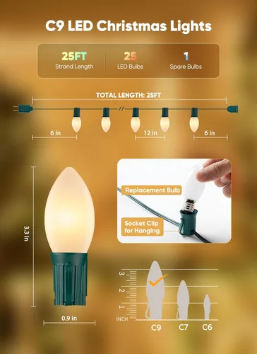Miniatura 8 de Minetom Luces de Navidad vintage C9 LED al aire libre, 25 pies de luces de cadena C9 con 25 bombillas mate irrompibles, luces impermeables Blanco