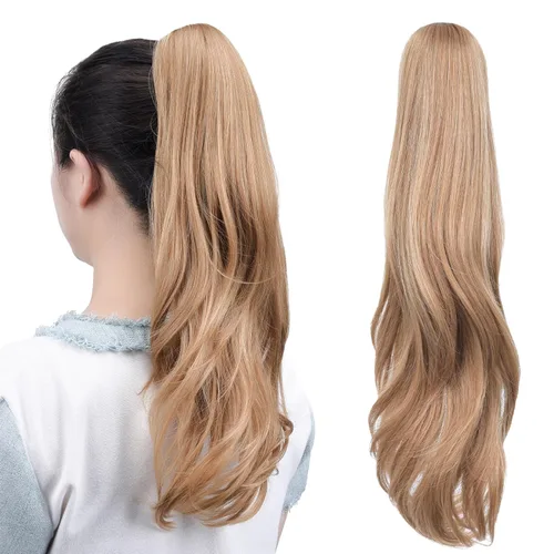 Miniatura 60 de Extensiones de cola de caballo, extensiones de cabello rizado con clip de garra de color marrón oscuro para mujer, peluca sintética de cola