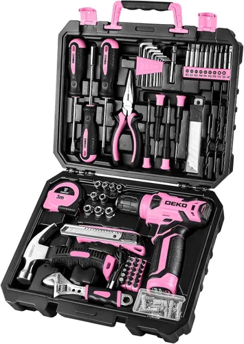 DEKOPRO Juego de taladros, juego de herramientas para el hogar con taladro inalámbrico rosa de 8 V, kit de herramientas manuales para mujeres, 126