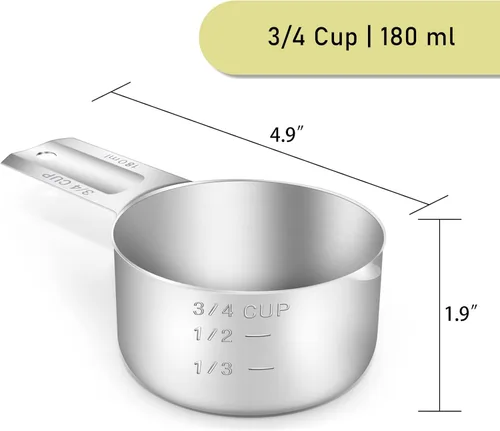 Miniatura 2 de 2 tazas medidoras individuales de 3/4 de taza (180ml, 6oz), cuchara de medida de acero inoxidable, medición métrica y estadounidense, apto