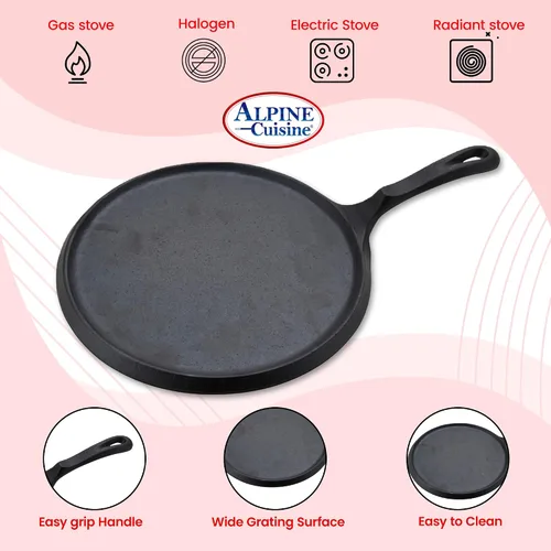 Miniatura 6 de Alpine Cuisine Plancha plana y comal de hierro fundido de 10 pulgadas Presazonada con mango duradero Utensilios de cocina de calefacción
