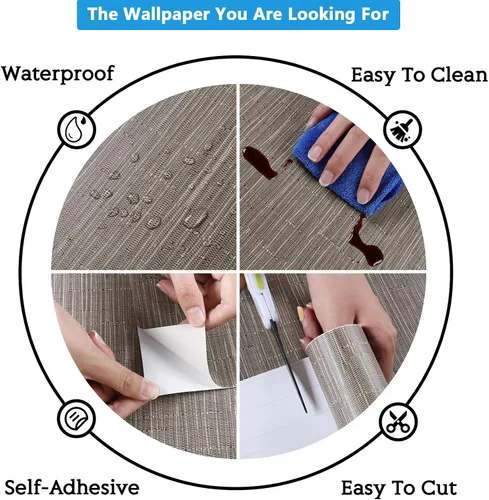 Miniatura 9 de CRE8TIVE Papel tapiz marrón topo para despegar y pegar de 12 x 80 pulgadas, papel tapiz de tela de hierba tejida sintética, extraíble, autoadhesivo