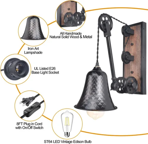 Miniatura 2 de Steampunk - Lámpara de pared industrial de polea enchufable, lámpara vintage de metal negro con interruptor, lámpara de pared retro con cable
