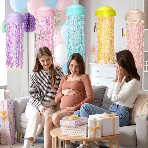 Miniatura 4 de Baquler Juego de 12 linternas de papel de medusas de 10 pulgadas, linternas semicírculas de sirena, decoración colgante para aula, baby shower, bajo