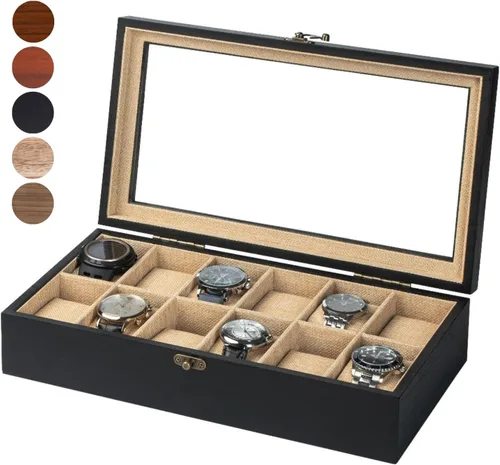 Exper City Caja de reloj, caja de reloj para hombres y mujeres con tapa de vidrio grande, caja de almacenamiento de madera con 12 ranuras,