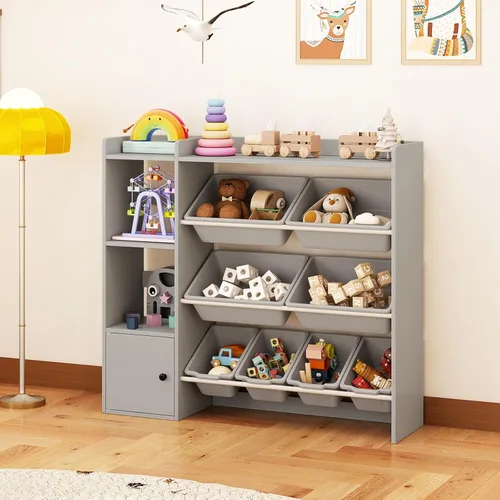 Miniatura 2 de HONEY JOY Organizador de almacenamiento de juguetes para niños, armario de madera de 44 pulgadas de largo con 8 contenedores extraíbles, estantes
