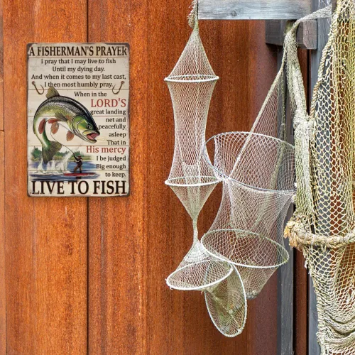 Miniatura 5 de SUPERDANT Letreros de lata de pesca vintage con texto en inglés «Live to Fish» de metal «A Fisherman's Signs», cartel divertido para pared, arte