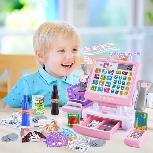 Miniatura 4 de PLAY Caja registradora de juguete para niños - Juguetes de simulación de calculadora con micrófono/transportadores/dinero de juguete/escaner/tarjeta