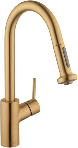 hansgrohe Talis 14877251 - Grifo de cocina de arco alto dorado S² con rociador extraíble, grifo para fregadero de cocina, cabezal rociador de