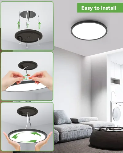 Miniatura 7 de Zemty Paquete de 8 lámparas de techo LED de montaje empotrado de 12 pulgadas, lámpara de techo súper delgada de 28 W 3200 lm, lámpara de techo Negro