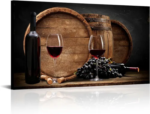 Biuteawal Lienzo de vino tinto para pared, diseño de uva, vino en botella, tazas, pintura, vintage, cocina, decoración, alimento, imagen, impresión,