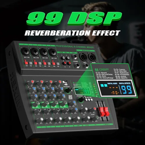 Miniatura 6 de MW-6 negro Mezclador de audio profesional DJ de 6 canales Controlador portátil con DSP 99 efectos preestablecidos para transmisión en vivo