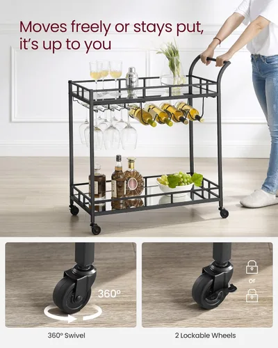 Miniatura 8 de VASAGLE Carrito de bar negro, carrito de servicio para bar en casa, carrito de vino con 2 estantes espejados, soportes para vino, soportes