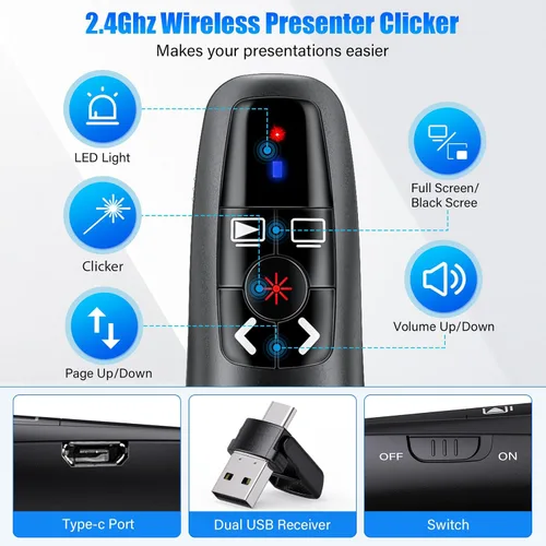 Miniatura 2 de Clicker de presentación USB tipo C 2 en 1, clicker para presentaciones de PowerPoint, control remoto inalámbrico recargable, RF 2.4GHz USB