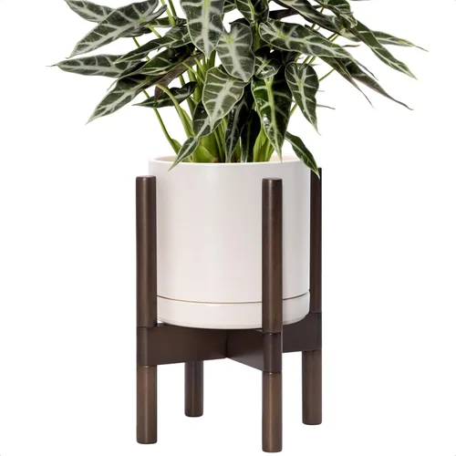 Miniatura 60 de D'vine Dev Maceta de cerámica con soporte de ébano – Maceta redonda moderna de 8 pulgadas con soporte para maceta de madera, color negro, 55-B-M-2