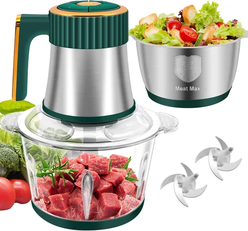 Procesador de alimentos, picadora eléctrica de alimentos de 5 velocidades, picadora de carne con 2 cuencos (8 tazas + 8 tazas) y 2 juegos de