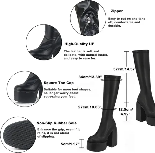 Miniatura 3 de VOMIRA Botas de tobillo para mujer, tacón alto grueso, puntera cuadrada, cremallera lateral, botas elásticas de piel sintética, botas de plataforma