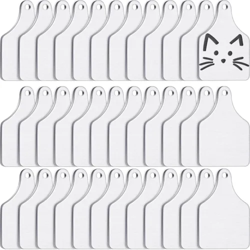 Zhengmy 25 etiquetas de metal de vaca en blanco, estampado de metal en blanco, etiqueta de oreja de ganado pequeño de aluminio con agujero para