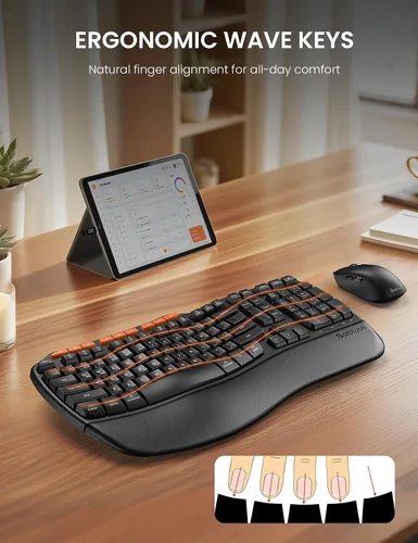 Miniatura 2 de Combo de teclado y mouse inalámbricos ergonómicos, 2.4G de tamaño completo con teclado de onda y reposa muñeca acolchado, escritura natural, mouse