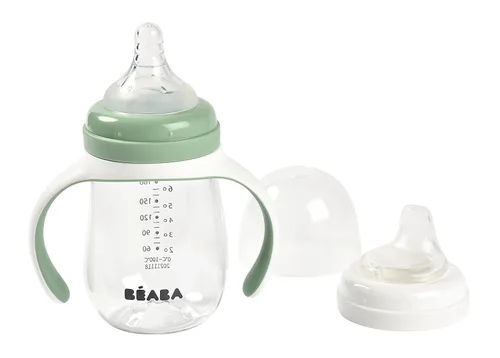 BEABA - Vaso para beber 2 en 1 de transición para beber, antiderrames, incluye asas extraíbles, pezón de silicona para biberón y boquilla suave, 7