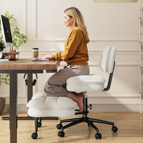 Miniatura 8 de DurayLoly Silla de oficina con patas cruzadas, giratorio 360, reposapiés plegable, cojín de felpa de doble capa de 5.12 pulgadas, altura ajustable