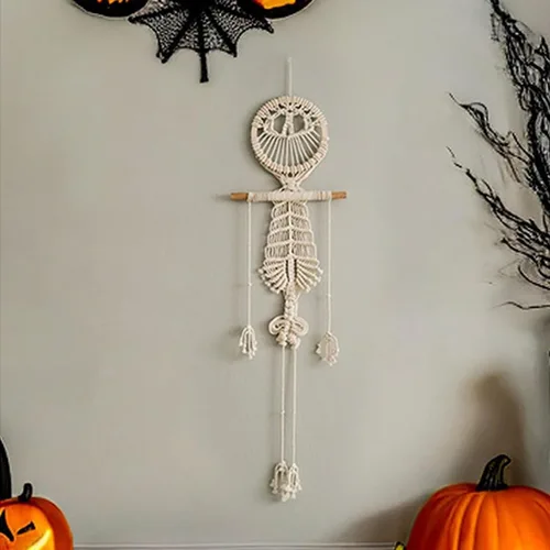 Miniatura 8 de VIVIANYO HD Tapiz bohemio de macramé para colgar en la pared, decoración de Halloween, esqueleto humano, 42 pulgadas, bonita decoración de calavera