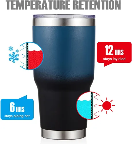 Miniatura 2 de MEWAY Vaso aislado de 30 onzas con tapas y popotes, vaso de café de acero inoxidable con doble vacío, cepillo, taza de café duradera con Azul/Negro