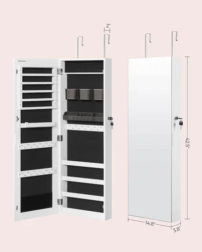 Miniatura 39 de SONGMICS Gabinete colgante de joyería, gabinete de pared con luces interiores LED, organizador de joyas montado en la puerta, espejo de cuerpo Blanco
