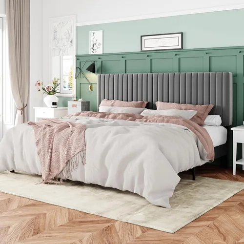 Miniatura 16 de Allewie - Base de cama tamaño King con cabecera acolchada tapizada en terciopelo y diseño acanalado vertical ajustable; plataforma de cama con base