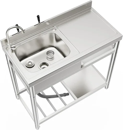 Miniatura 8 de ROOMTEC Juego de fregadero de acero inoxidable 304, fregadero de cocina de restaurante comercial, fregadero al aire libre con banco de trabajo