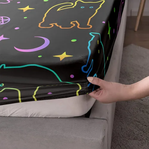 Miniatura 6 de Axolotl Juego de sábanas de gato negro de dibujos animados tamaño full, diseño de estrellas y luna impreso, ropa de cama para niños para decoración